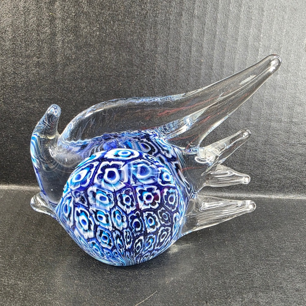 Millefiori Glass Fish Paperweight Figurine Blue White Murano Style Art Glass